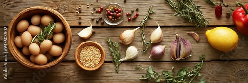 A rustic image showcasing various seasonings and raw ingredients placed on a wooden table, representing home-cooked meals.