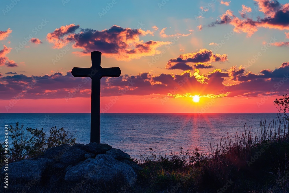 Cross silhouette at sunrise with generative ai Cross silhouette at sunrise with generative ai