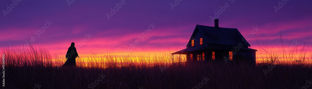 Dark haunted house silhouette with a grim reaper figure, twilight sky turning deep purple, Halloween night terror, copy space for text