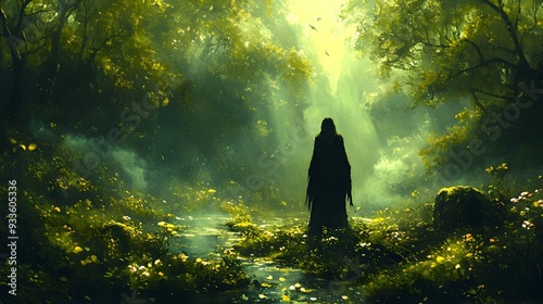 Druid Communing with Nature in Lush,Surreal Forest Scene