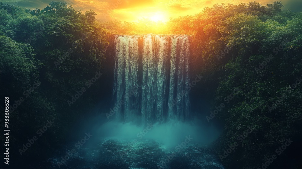 Fototapeta premium Waterfall Sunset in Lush Jungle