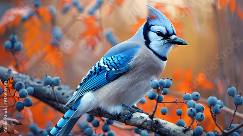 Art nouveau artistic image of blue jay bird in a round shape photo