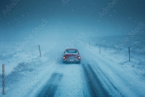 Red Car Driving Through a Snowy Landscape