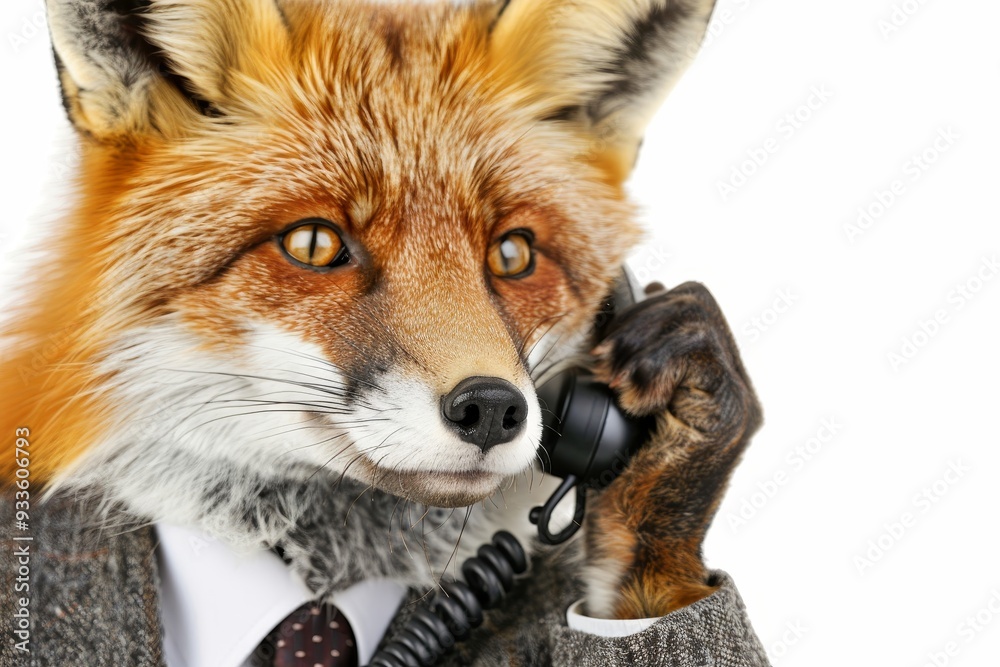 Fototapeta premium Close-Up Of A Red Fox Wearing Suit And Tie Talking On A Retro Phone Isolated On White