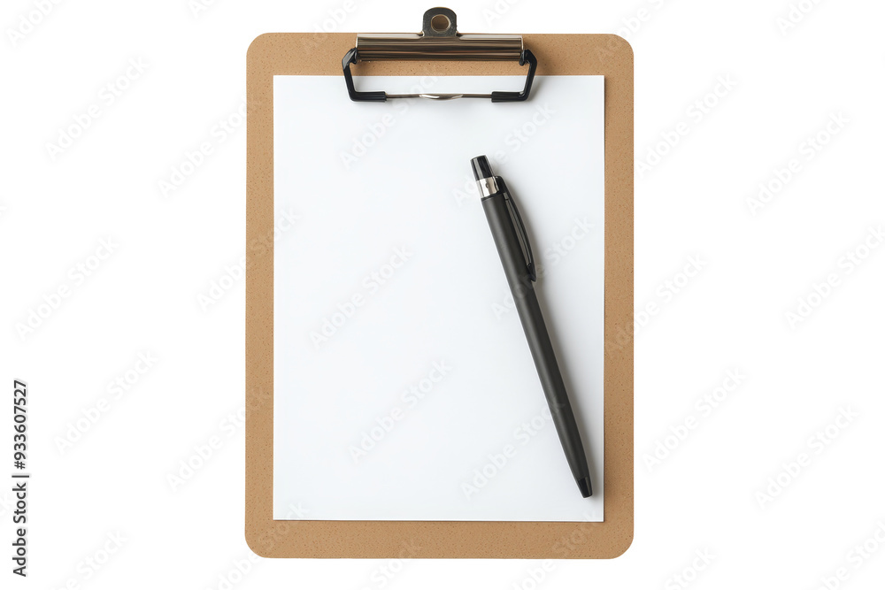 A clipboard with a pen attached, isolated on a white background