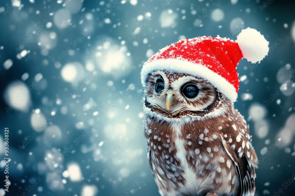 Cute christmas owl in a red hat on a background of falling snow with generative ai Cute christmas owl in a red hat on a background of falling snow with generative ai