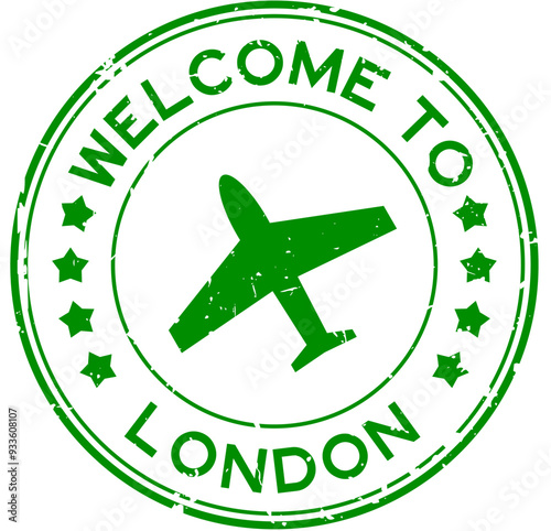 Grunge green welcome to london with airplane icon round rubber seal stamp on white background