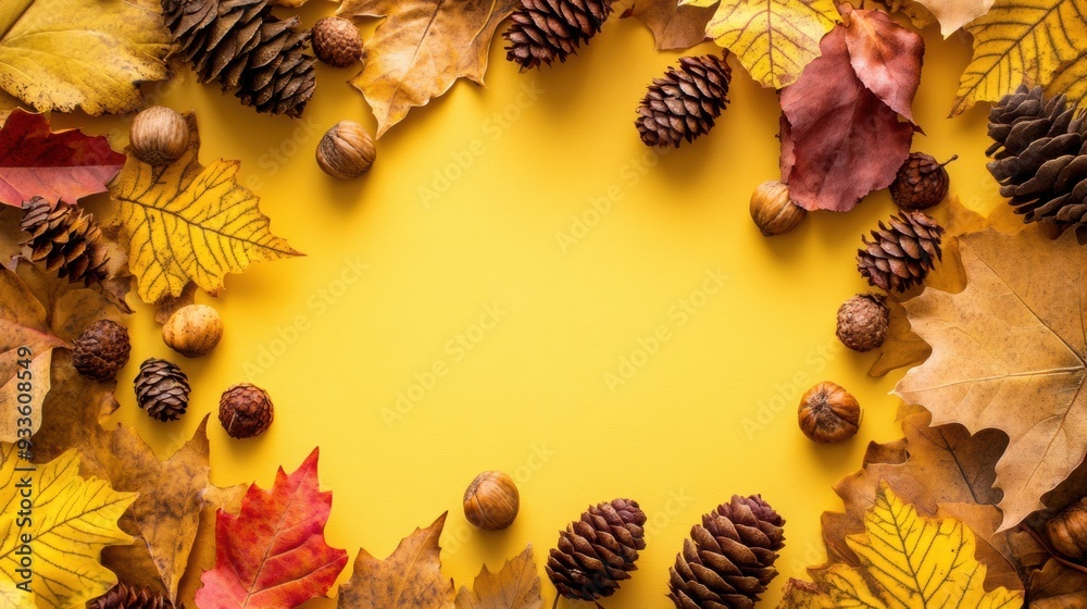 A frame of autumn leaves and nuts on a yellow background, AI