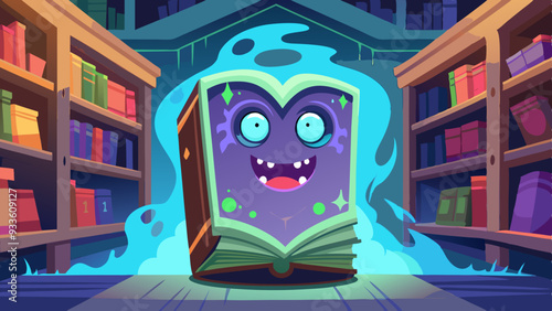 A ghostly figure emerging from an ancient, dusty book in an old library filled with cobwebs and eerie shadows.
