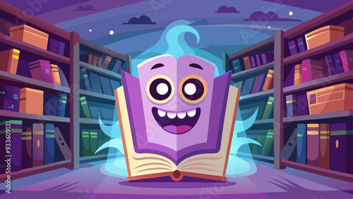 A ghostly figure emerging from an ancient, dusty book in an old library filled with cobwebs and eerie shadows.
