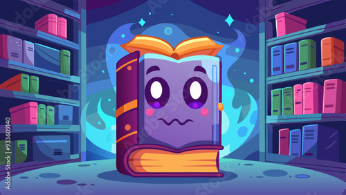 A ghostly figure emerging from an ancient, dusty book in an old library filled with cobwebs and eerie shadows.
