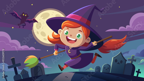 A young witch in a pointed hat flying on a broomstick over a foggy, moonlit graveyard.
