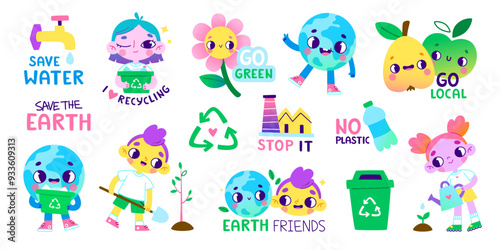 Eco set of retro cartoon stickers with cute kids. Bright collection of environmental vector characters.