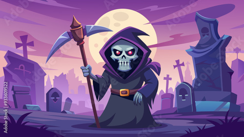 A terrifying Grim Reaper character holding a scythe, standing in a foggy graveyard with glowing red eyes.
