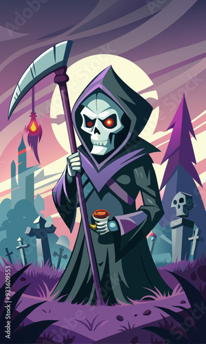 A terrifying Grim Reaper character holding a scythe, standing in a foggy graveyard with glowing red eyes.
