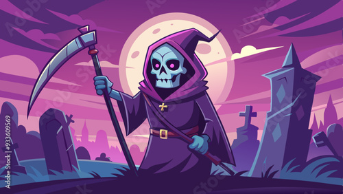 A terrifying Grim Reaper character holding a scythe, standing in a foggy graveyard with glowing red eyes.
