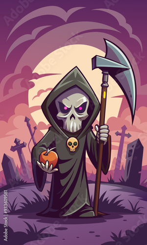 A terrifying Grim Reaper character holding a scythe, standing in a foggy graveyard with glowing red eyes.
