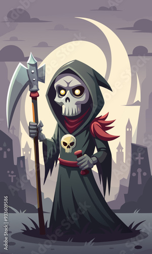 A terrifying Grim Reaper character holding a scythe, standing in a foggy graveyard with glowing red eyes.
