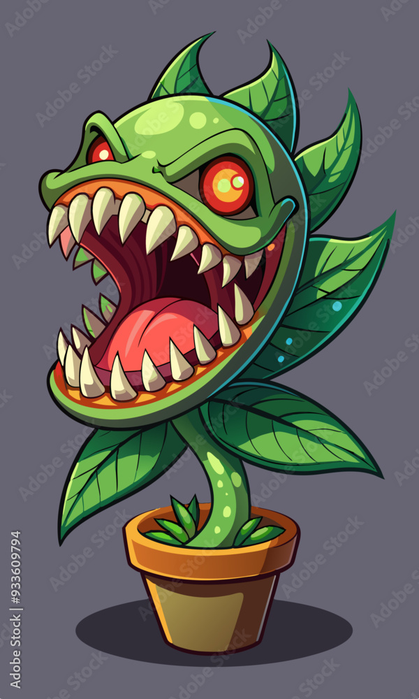 Fototapeta premium A scary monster plant with sharp teeth and glowing eyes, lurking in a dark forest with twisted, gnarled trees. 