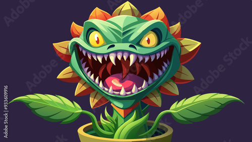 A scary monster plant with sharp teeth and glowing eyes, lurking in a dark forest with twisted, gnarled trees. 