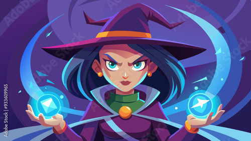 A witch casting a spell under a full moon, with swirling magical energy and glowing runes in the air.
