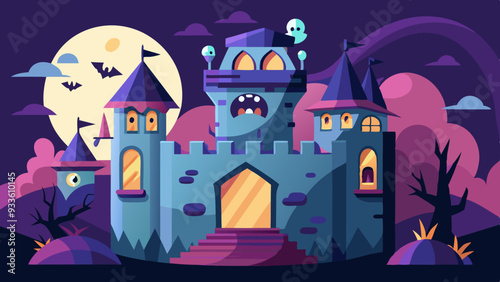 A haunted castle with ghostly figures peering out of broken windows and a dark, stormy sky overhead.
