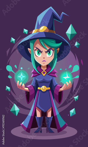A witch casting a spell under a full moon, with swirling magical energy and glowing runes in the air.
