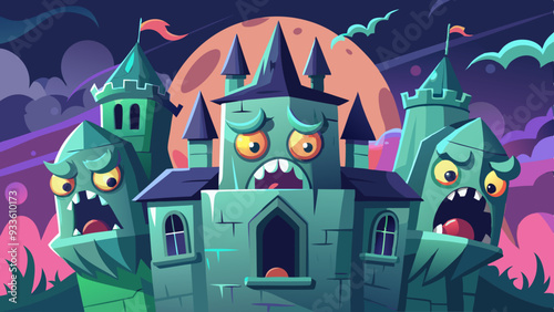 A haunted castle with ghostly figures peering out of broken windows and a dark, stormy sky overhead.
