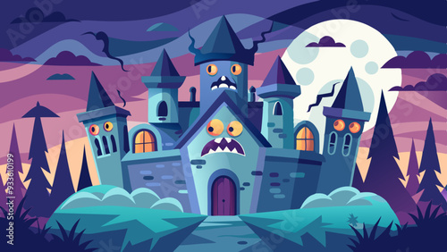 A haunted castle with ghostly figures peering out of broken windows and a dark, stormy sky overhead.
