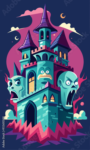 A haunted castle with ghostly figures peering out of broken windows and a dark, stormy sky overhead.
