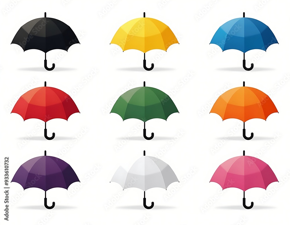 Set of umbrellas in different color isolated on white background