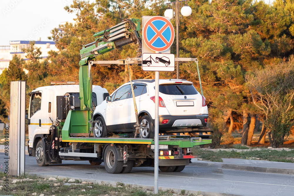 car tow truck was taken for the wrong parking place everywhere there are parking signs and parking is prohibited. Concept: violation of traffic rules. No parking tow away zone sign car tow truck was taken for the wrong parking place everywhere there are parking signs and parking is prohibited. Concept: violation of traffic rules. No parking tow away zone sign
