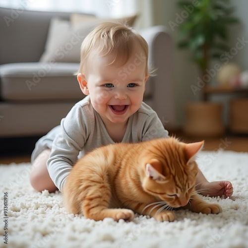 A joyful baby playing with a ginger kitten on carpet in the living room