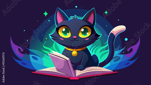 A witch’s familiar, a black cat with glowing green eyes, sitting on a spellbook in a dark, candlelit room.
