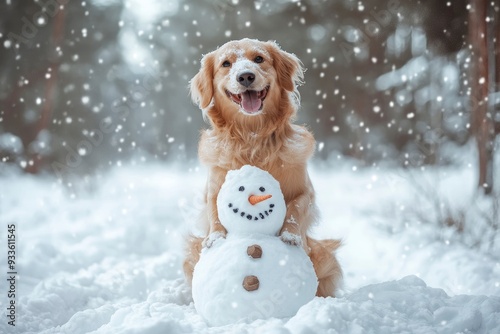 Cute dog like a snowman in winter forest. Happy snowman with generative ai