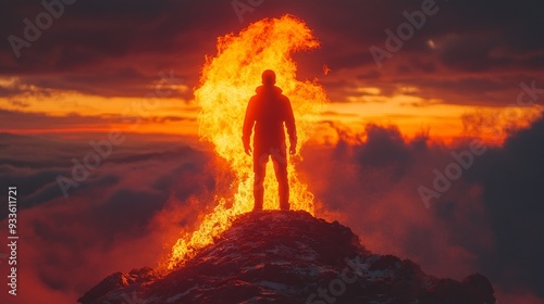 Man Standing in Fire on a Mountain Peak