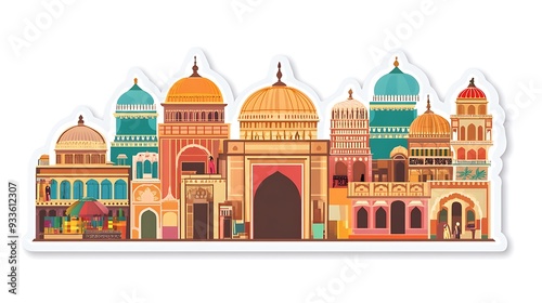 Colorful Indian Bazaar Sticker in Flat Vector Style on White Background - Vibrant Market Scene with Domed Buildings and Fabrics