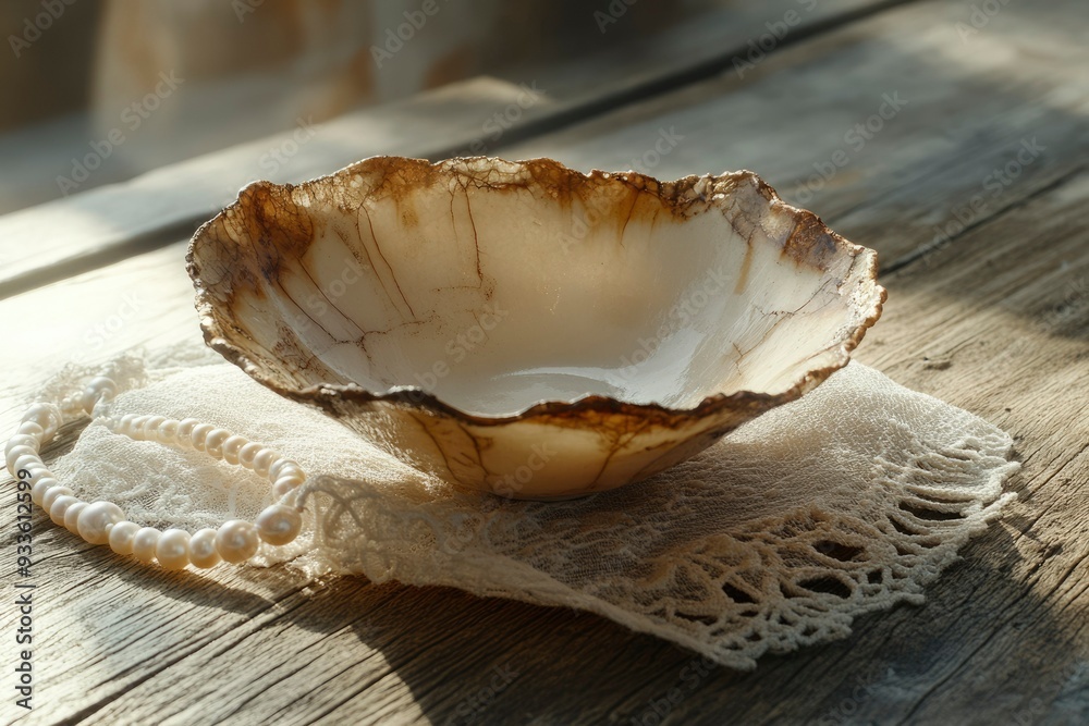 White Ceramic Bowl with Brown Glaze on Wooden Surface with Lace and Pearls White Ceramic Bowl with Brown Glaze on Wooden Surface with Lace and Pearls