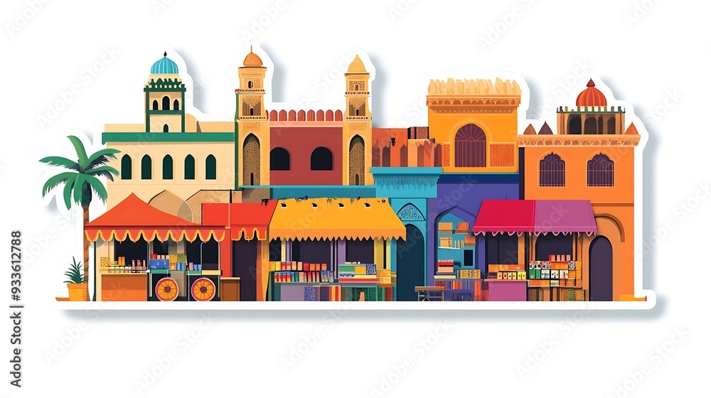 Vibrant Moroccan Marketplace Sticker - Flat Vector Illustration of Colorful Stalls and Ornate Buildings on White Background Vibrant Moroccan Marketplace Sticker - Flat Vector Illustration of Colorful Stalls and Ornate Buildings on White Background