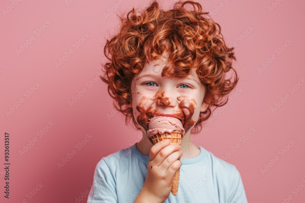 Boy curly auburn hair exudes joy and cheerful energy outside. Ice cream creates a moment of joy for this child. Image represents simplicity and boundless joy of youth. Boy curly auburn hair exudes joy and cheerful energy outside. Ice cream creates a moment of joy for this child. Image represents simplicity and boundless joy of youth.