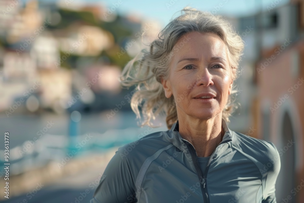 Happy woman runs outdoors embracing fitness and nature. Vibrant middle-aged woman running smile feeling joyful. Joy and vitality experienced daily jogging routines. Happy woman runs outdoors embracing fitness and nature. Vibrant middle-aged woman running smile feeling joyful. Joy and vitality experienced daily jogging routines.