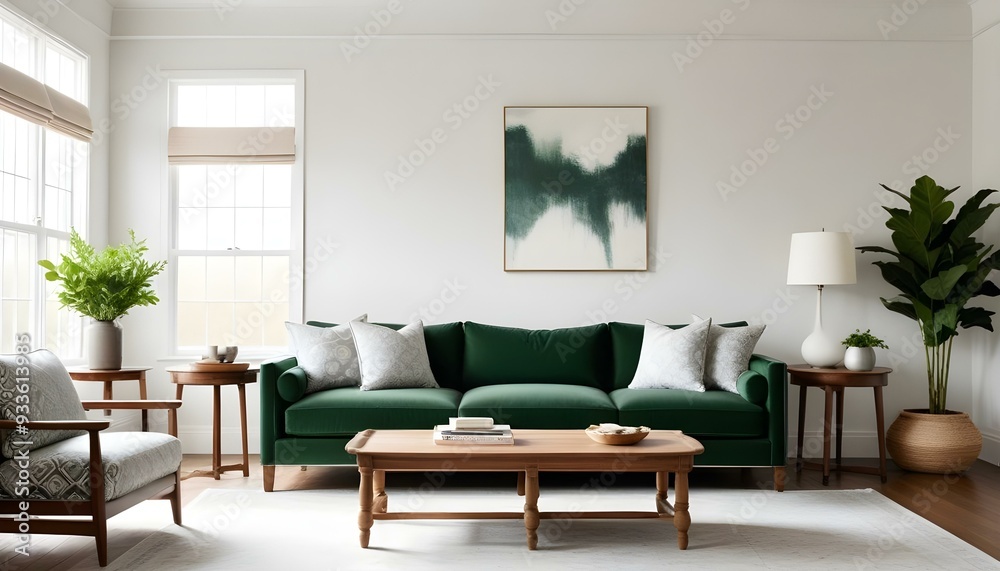 Fototapeta premium Green velvet sofa with white and gray patterned pillows, wooden coffee table, and natural light from windows.
