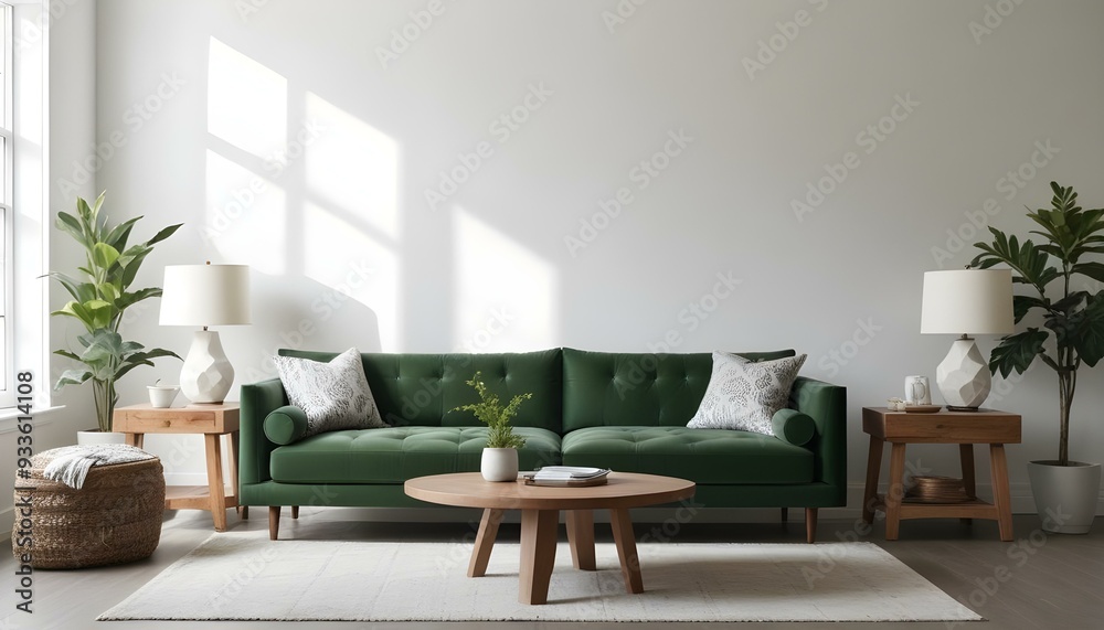Green velvet sofa with white and gray patterned pillows, wooden coffee table, and natural light from windows. Green velvet sofa with white and gray patterned pillows, wooden coffee table, and natural light from windows.