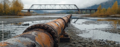 Close-up of a rusted gas pipeline running through a muddy landscape with a bridge in the background, showcasing industrial infrastructure and environmental impact.