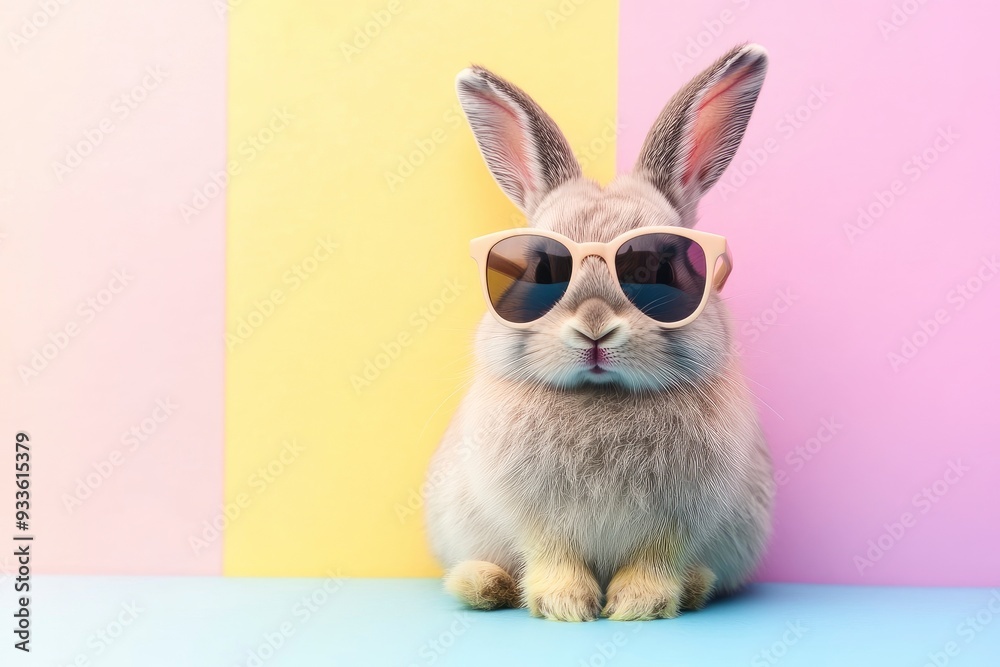 Fototapeta premium Cute rabbit wearing sunglasses on colorful background with space for text with generative ai