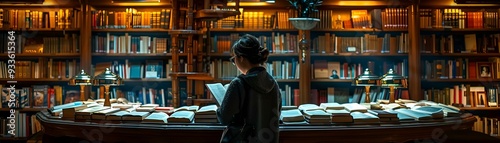 a person reading a book in a library. 