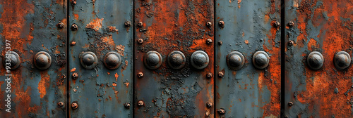 Rusty Metal Texture with Circular Studs and Flaking Paint, Industrial Design Elements, Vintage Background