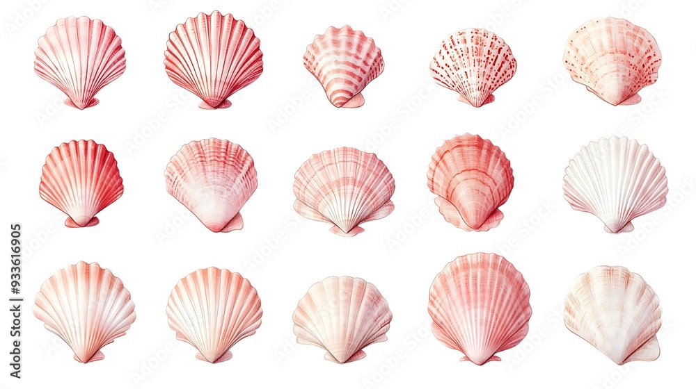Delicate Coral Pink Seashell Patterns on White Background - Minimalist Seashell Illustration with Rows of 50 Shells Each Delicate Coral Pink Seashell Patterns on White Background - Minimalist Seashell Illustration with Rows of 50 Shells Each