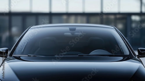 Front windshield of a black car clean and clear close up outdoors, offering a broad canvas for mockup