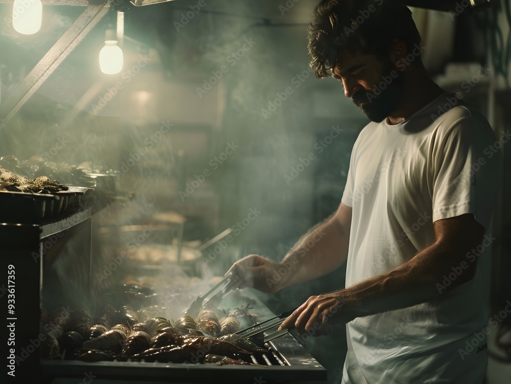 Chef Grilling Seafood in a Smoky Kitchen Chef Grilling Seafood in a Smoky Kitchen